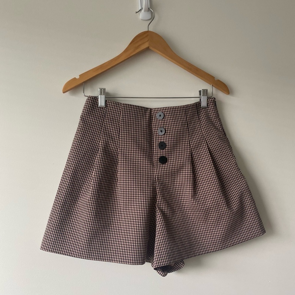 Zara Plaid High Waist Cotton Blend Pleated Shorts Side Zipper Size Medium